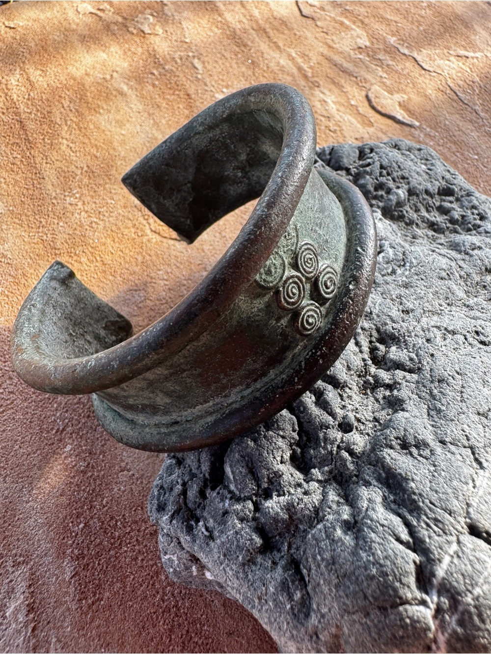 Vintage African Bronze Spiral Motif Statement Cuff Tribal Currency Bracelet